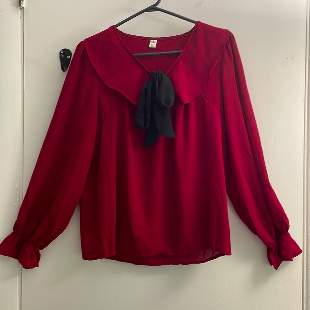 KiTi Long Sleeve Ruffle Tie Neck Blouse